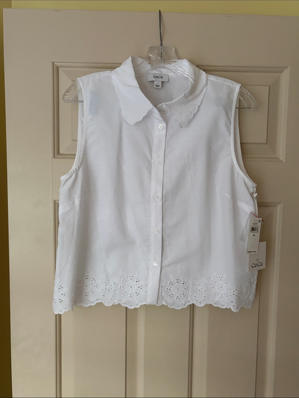 CeCe White Eyelet-Hem Sleeveless Button Front Top